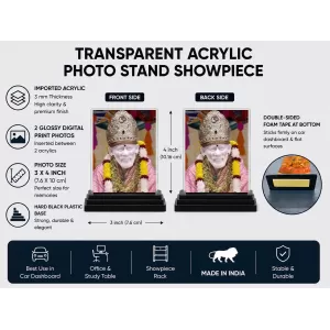 Sai Baba Acrylic Car Dashboard Showpiece | Double-Sided Sai Baba Photo Stand | 3 X 4 Inch Photo | Transparent Acrylic Frame With Black Base | Car Dashboard, Office & Table Decor (F70815)