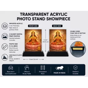 Hindu Goddess Acrylic Car Dashboard Showpiece | Double-Sided Hindu Goddess Photo Stand | 3 X 4 Inch Photo | Transparent Acrylic Frame With Black Base | Car Dashboard, Office & Table Decor (F70824)