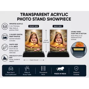 Radha Krishna Acrylic Car Dashboard Showpiece | Double-Sided Radha Krishna Photo Stand | 3 X 4 Inch Photo | Transparent Acrylic Frame With Black Base | Car Dashboard, Office & Table Decor (F70827)