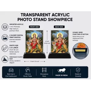 Hindu Goddess Acrylic Car Dashboard Showpiece | Double-Sided Hindu Goddess Photo Stand | 3 X 4 Inch Photo | Transparent Acrylic Frame With Black Base | Car Dashboard, Office & Table Decor (F70832)