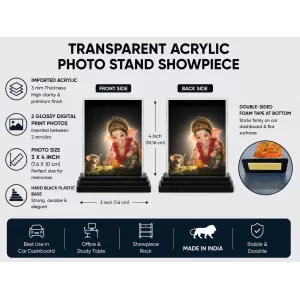 Lord Ganesha Acrylic Car Dashboard Showpiece | Double-Sided Lord Ganesha Photo Stand | 3 X 4 Inch Photo | Transparent Acrylic Frame With Black Base | Car Dashboard, Office & Table Decor (F70834)