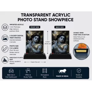Hindu Goddess Acrylic Car Dashboard Showpiece | Double-Sided Hindu Goddess Photo Stand | 3 X 4 Inch Photo | Transparent Acrylic Frame With Black Base | Car Dashboard, Office & Table Decor (F70847)