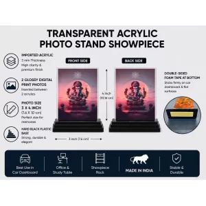 Lord Ganesha Acrylic Car Dashboard Showpiece | Double-Sided Lord Ganesha Photo Stand | 3 X 4 Inch Photo | Transparent Acrylic Frame With Black Base | Car Dashboard, Office & Table Decor (F70852)