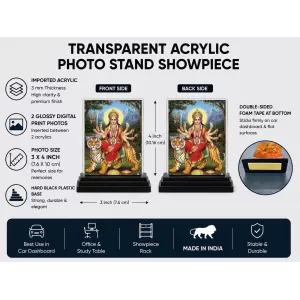 Hindu Goddess Acrylic Car Dashboard Showpiece | Double-Sided Hindu Goddess Photo Stand | 3 X 4 Inch Photo | Transparent Acrylic Frame With Black Base | Car Dashboard, Office & Table Decor (F70858)
