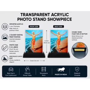 Chaitanya Mahaprabhu Acrylic Car Dashboard Showpiece | Double-Sided Chaitanya Mahaprabhu Photo Stand | 3 X 4 Inch Photo | Transparent Acrylic Frame With Black Base | Car Dashboard, Office & Table Decor (F70865)