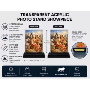 Lord Ganesha Acrylic Car Dashboard Showpiece | Double-Sided Lord Ganesha Photo Stand | 3 X 4 Inch Photo | Transparent Acrylic Frame With Black Base | Car Dashboard, Office & Table Decor (F70874)