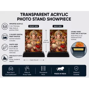 Lord Ganesha Acrylic Car Dashboard Showpiece | Double-Sided Lord Ganesha Photo Stand | 3 X 4 Inch Photo | Transparent Acrylic Frame With Black Base | Car Dashboard, Office & Table Decor (F70878)