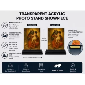Hindu Goddess Acrylic Car Dashboard Showpiece | Double-Sided Hindu Goddess Photo Stand | 3 X 4 Inch Photo | Transparent Acrylic Frame With Black Base | Car Dashboard, Office & Table Decor (F70880)