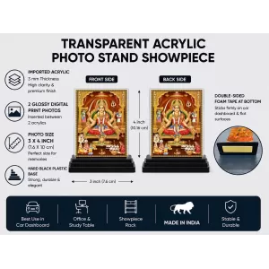 Santoshi Mata Acrylic Car Dashboard Showpiece | Double-Sided Santoshi Mata Photo Stand | 3 X 4 Inch Photo | Transparent Acrylic Frame With Black Base | Car Dashboard, Office & Table Decor (F70910)