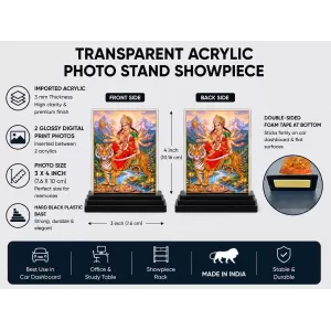 Durga Maa Acrylic Car Dashboard Showpiece | Double-Sided Durga Maa Photo Stand | 3 X 4 Inch Photo | Transparent Acrylic Frame With Black Base | Car Dashboard, Office & Table Decor (F70917)