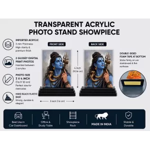 Shiva Acrylic Car Dashboard Showpiece | Double-Sided Shiva Photo Stand | 3 X 4 Inch Photo | Transparent Acrylic Frame With Black Base | Car Dashboard, Office & Table Decor (F70922)