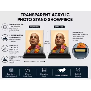 A.C. Bhaktivedanta Swami Prabhupada Acrylic Car Dashboard Showpiece | Double-Sided A.C. Bhaktivedanta Swami Prabhupada Photo Stand | 3 X 4 Inch Photo | Transparent Acrylic Frame With Black Base | Car Dashboard, Office & Table Decor (F70927)