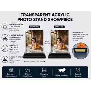 Radha Krishna Acrylic Car Dashboard Showpiece | Double-Sided Radha Krishna Photo Stand | 3 X 4 Inch Photo | Transparent Acrylic Frame With Black Base | Car Dashboard, Office & Table Decor (F70932)