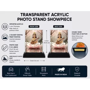 Saraswati Acrylic Car Dashboard Showpiece | Double-Sided Saraswati Photo Stand | 3 X 4 Inch Photo | Transparent Acrylic Frame With Black Base | Car Dashboard, Office & Table Decor (F70938) Saraswati Acrylic Car Dashboard Showpiece | Double-Sided Saraswati Photo Stand | 3 X 4 Inch Photo | Transparent Acrylic Frame With Black Base | Car Dashboard, Office & Table Decor (F70938)