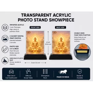 Mahavira Acrylic Car Dashboard Showpiece | Double-Sided Mahavira Photo Stand | 3 X 4 Inch Photo | Transparent Acrylic Frame With Black Base | Car Dashboard, Office & Table Decor (F70970)