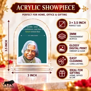 A. P. J. Abdul Kalam L Shape Acrylic Showpiece 3 X 3.5 Inch For Home, Office And Car (F177072) A. P. J. Abdul Kalam L Shape Acrylic Showpiece 3 X 3.5 Inch For Home, Office And Car (F177072)