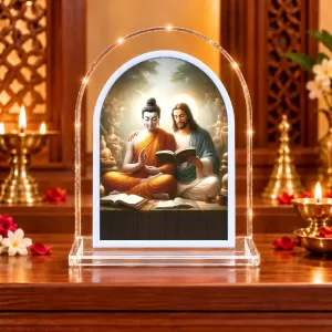 Buddha And Jesus Christ L Shape Acrylic Showpiece 3 X 3.5 Inch For Home, Office And Car (F175751) Buddha And Jesus Christ L Shape Acrylic Showpiece 3 X 3.5 Inch For Home, Office And Car (F175751)