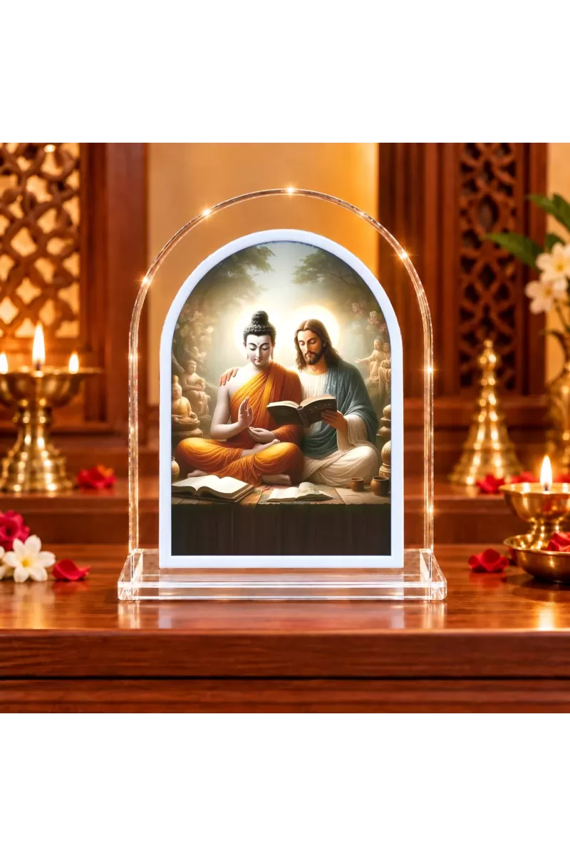 Buddha And Jesus Christ L Shape Acrylic Showpiece 3 X 3.5 Inch For Home, Office And Car (F175751)