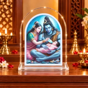 Shiva Parvati And Baby Ganesha L Shape Acrylic Showpiece 3 X 3.5 Inch For Home, Office And Car (F175809)