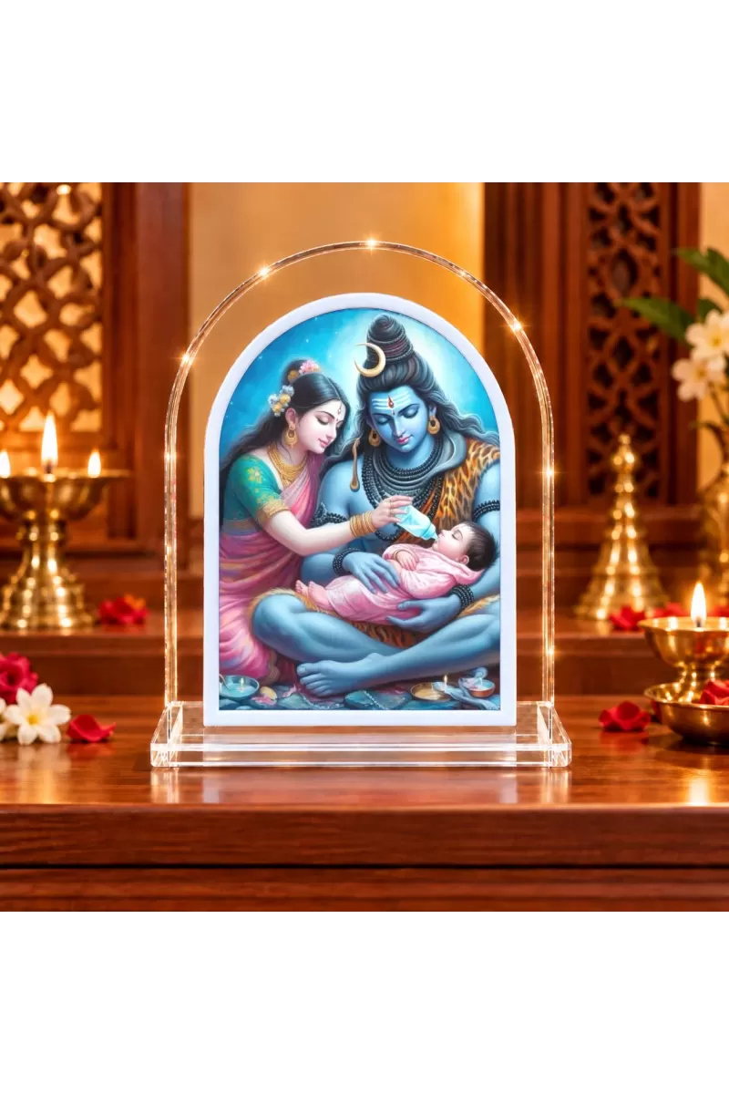 Shiva Parvati And Baby Ganesha L Shape Acrylic Showpiece 3 X 3.5 Inch For Home, Office And Car (F175809)