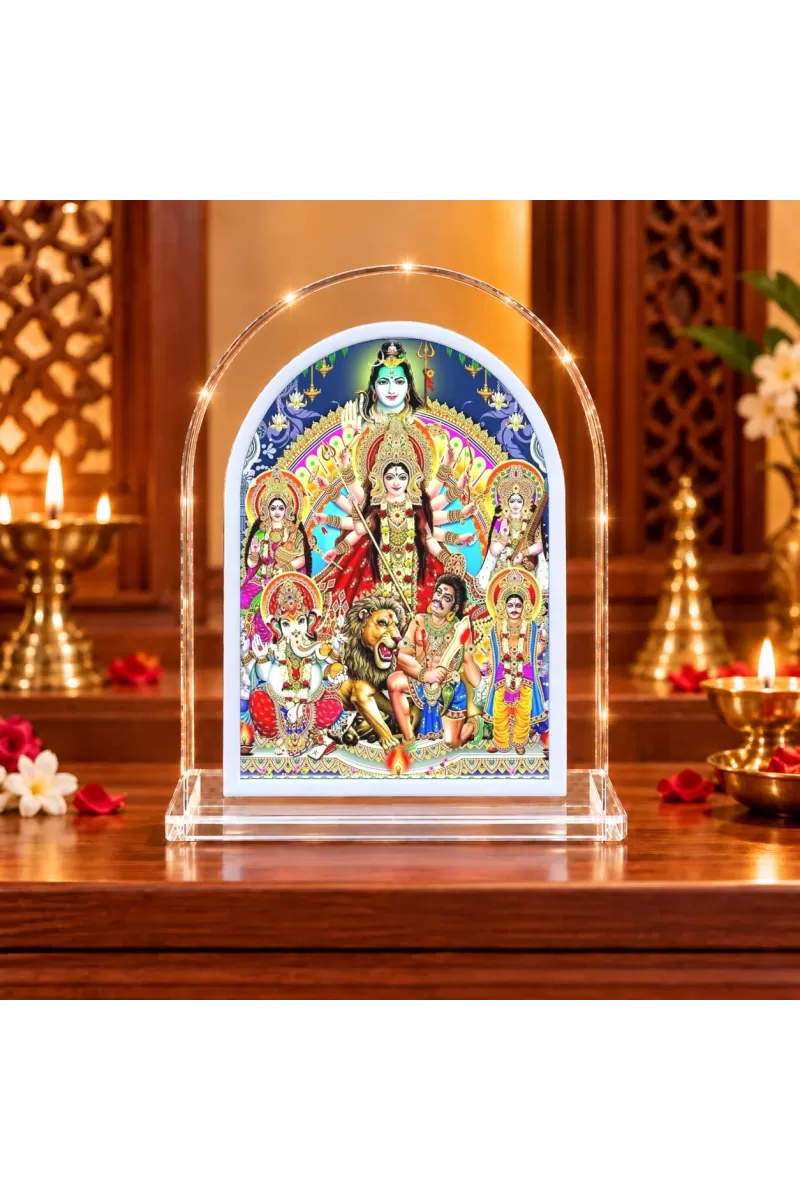 Maa Durga Family L Shape Acrylic Showpiece 3 X 3.5 Inch For Home, Office And Car (F175923)