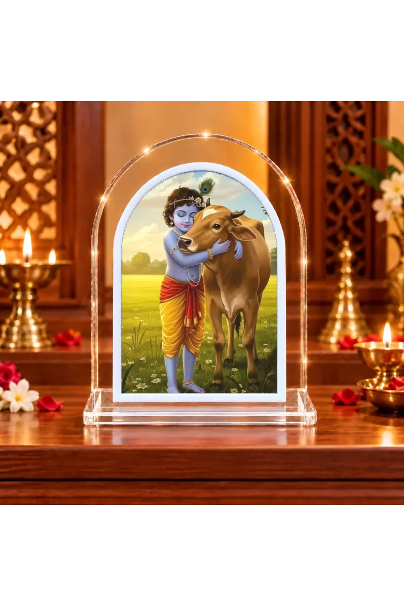 Lord Krishna And Cow L Shape Acrylic Showpiece 3 X 3.5 Inch For Home, Office And Car (F176167)