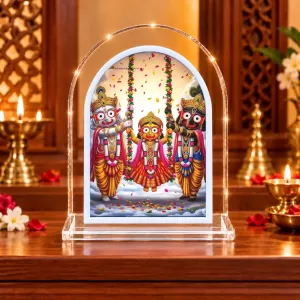 Lord Jagannath Balaram And Subhadra L Shape Acrylic Showpiece 3 X 3.5 Inch For Home, Office And Car (F176431) Lord Jagannath Balaram And Subhadra L Shape Acrylic Showpiece 3 X 3.5 Inch For Home, Office And Car (F176431)