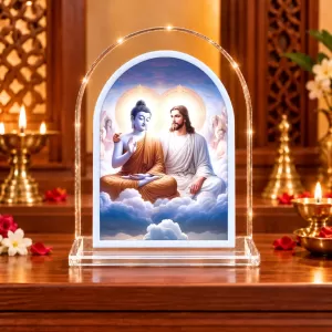 Buddha And Jesus Christ L Shape Acrylic Showpiece 3 X 3.5 Inch For Home, Office And Car (F176610) Buddha And Jesus Christ L Shape Acrylic Showpiece 3 X 3.5 Inch For Home, Office And Car (F176610)
