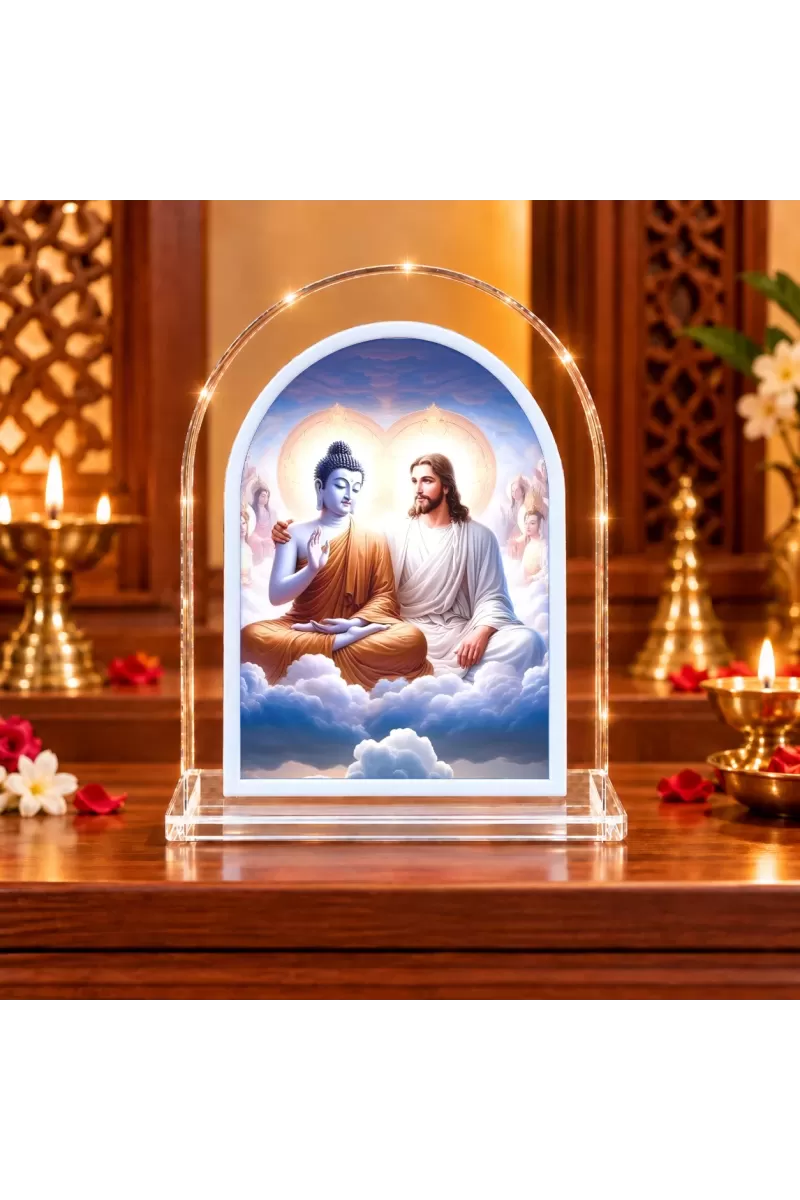 Buddha And Jesus Christ L Shape Acrylic Showpiece 3 X 3.5 Inch For Home, Office And Car (F176610)