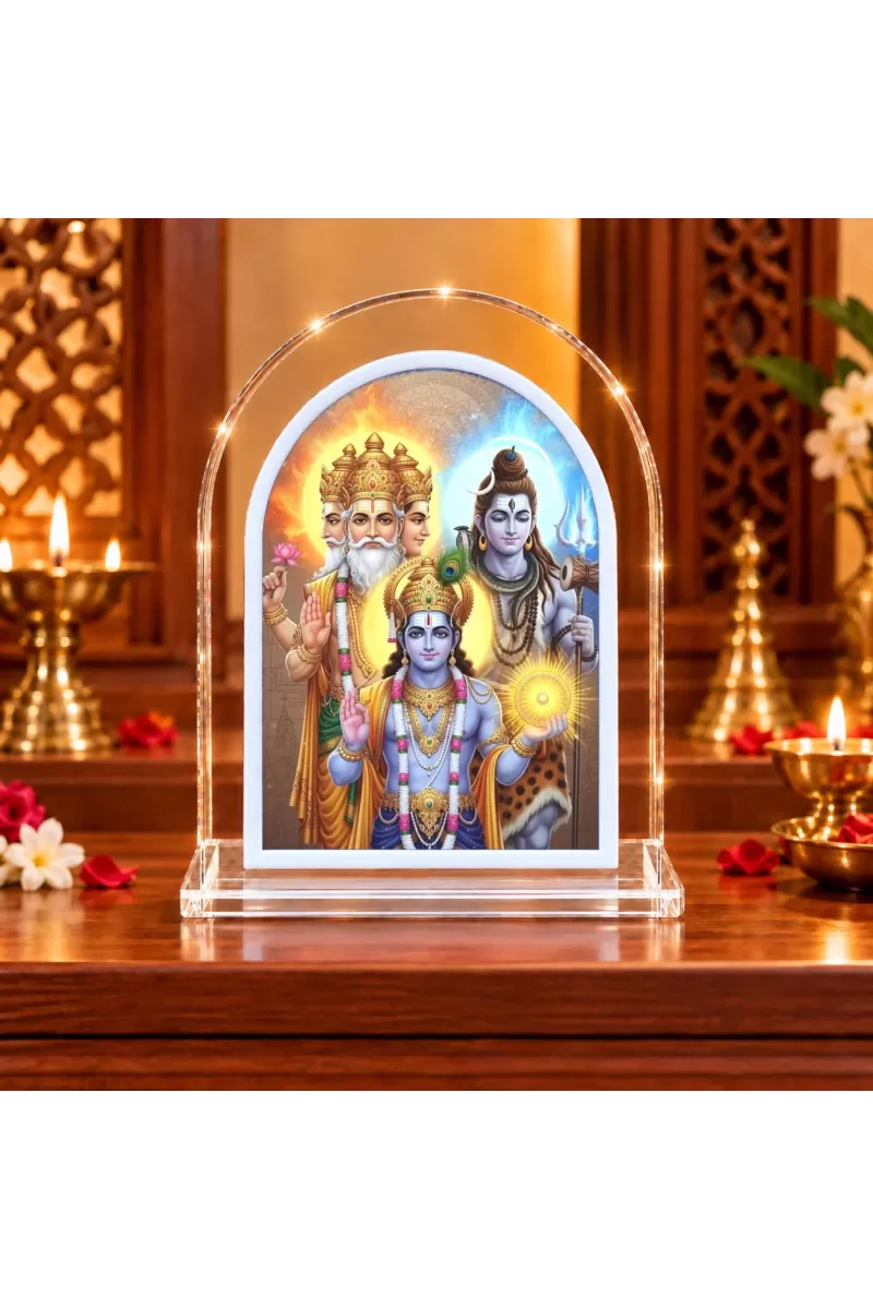 Brahma, Vishnu, And Maheshwara L Shape Acrylic Showpiece 3 X 3.5 Inch For Home, Office And Car (F176798)