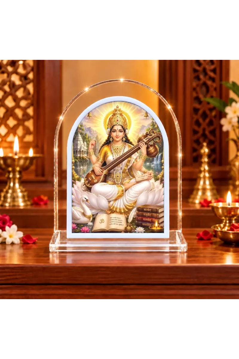 Saraswati Maa L Shape Acrylic Showpiece 3 X 3.5 Inch For Home, Office And Car (F176904)