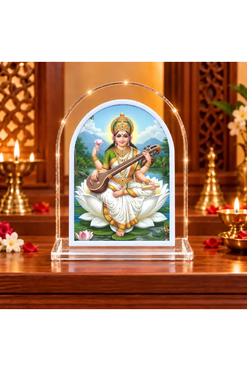 Goddess Saraswati L Shape Acrylic Showpiece 3 X 3.5 Inch For Home, Office And Car (F177203)