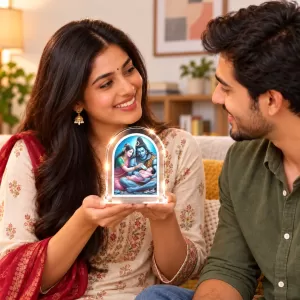 Shiva Parvati And Baby Ganesha L Shape Acrylic Showpiece 3 X 3.5 Inch For Home, Office And Car (F175809)