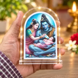 Shiva Parvati And Baby Ganesha L Shape Acrylic Showpiece 3 X 3.5 Inch For Home, Office And Car (F175809)