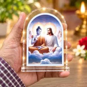 Buddha And Jesus Christ L Shape Acrylic Showpiece 3 X 3.5 Inch For Home, Office And Car (F176610) Buddha And Jesus Christ L Shape Acrylic Showpiece 3 X 3.5 Inch For Home, Office And Car (F176610)