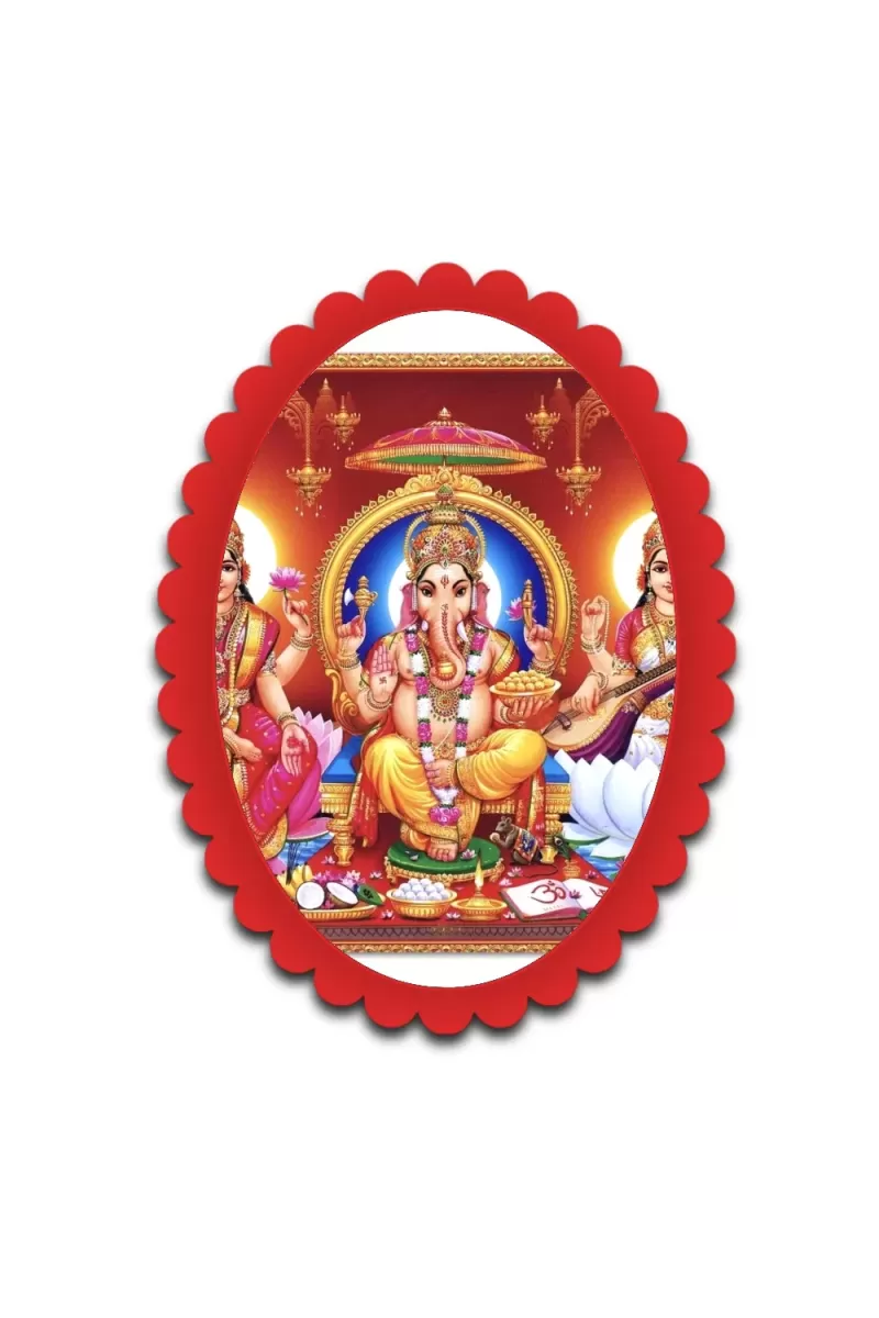 Lakshmi, Ganesha, Saraswati Wall Decorative Showpiece 6 X 8 Inch | 4 MM MDF Wooden Glossy Sublimation Print | Back Hook Wall Hanging | Home Temple & Living Room Decor (F57201)