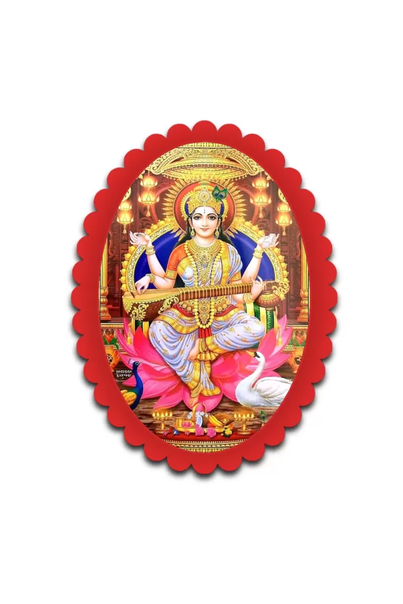 Saraswati Wall Decorative Showpiece 6 X 8 Inch | 4 MM MDF Wooden Glossy Sublimation Print | Back Hook Wall Hanging | Home Temple & Living Room Decor (F57230)