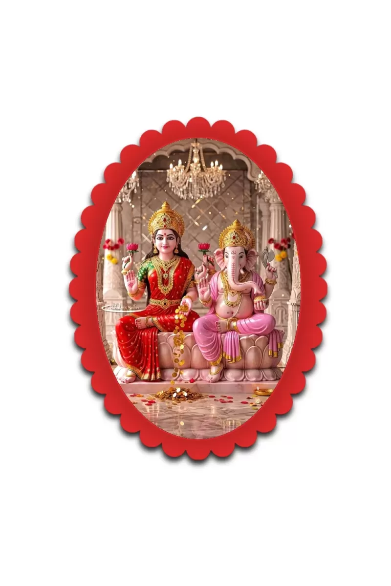 Lakshmi And Ganesha Wall Decorative Showpiece 6 X 8 Inch | 4 MM MDF Wooden Glossy Sublimation Print | Back Hook Wall Hanging | Home Temple & Living Room Decor (F57247)