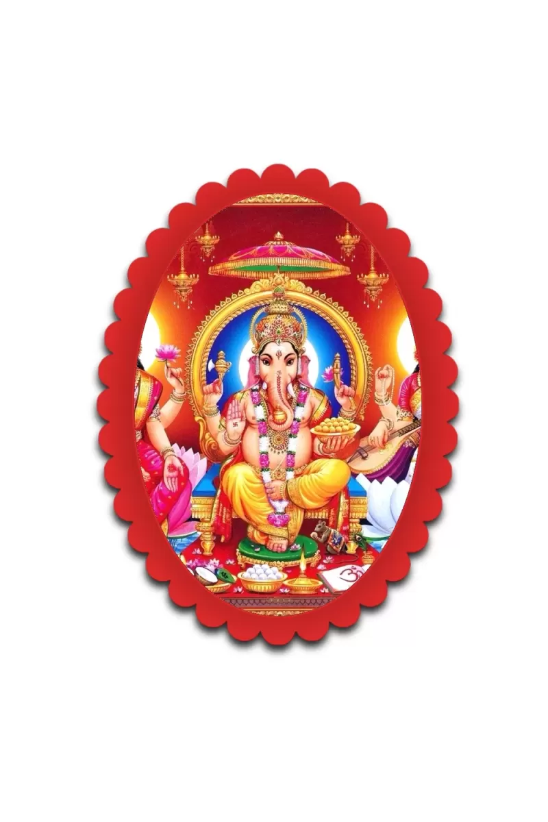 Lakshmi, Ganesha, Saraswati Wall Decorative Showpiece 6 X 8 Inch | 4 MM MDF Wooden Glossy Sublimation Print | Back Hook Wall Hanging | Home Temple & Living Room Decor (F57420)
