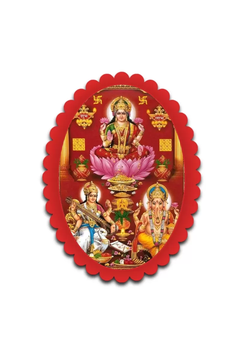 Lakshmi, Saraswati, And Ganesha Wall Decorative Showpiece 6 X 8 Inch | 4 MM MDF Wooden Glossy Sublimation Print | Back Hook Wall Hanging | Home Temple & Living Room Decor (F57528)