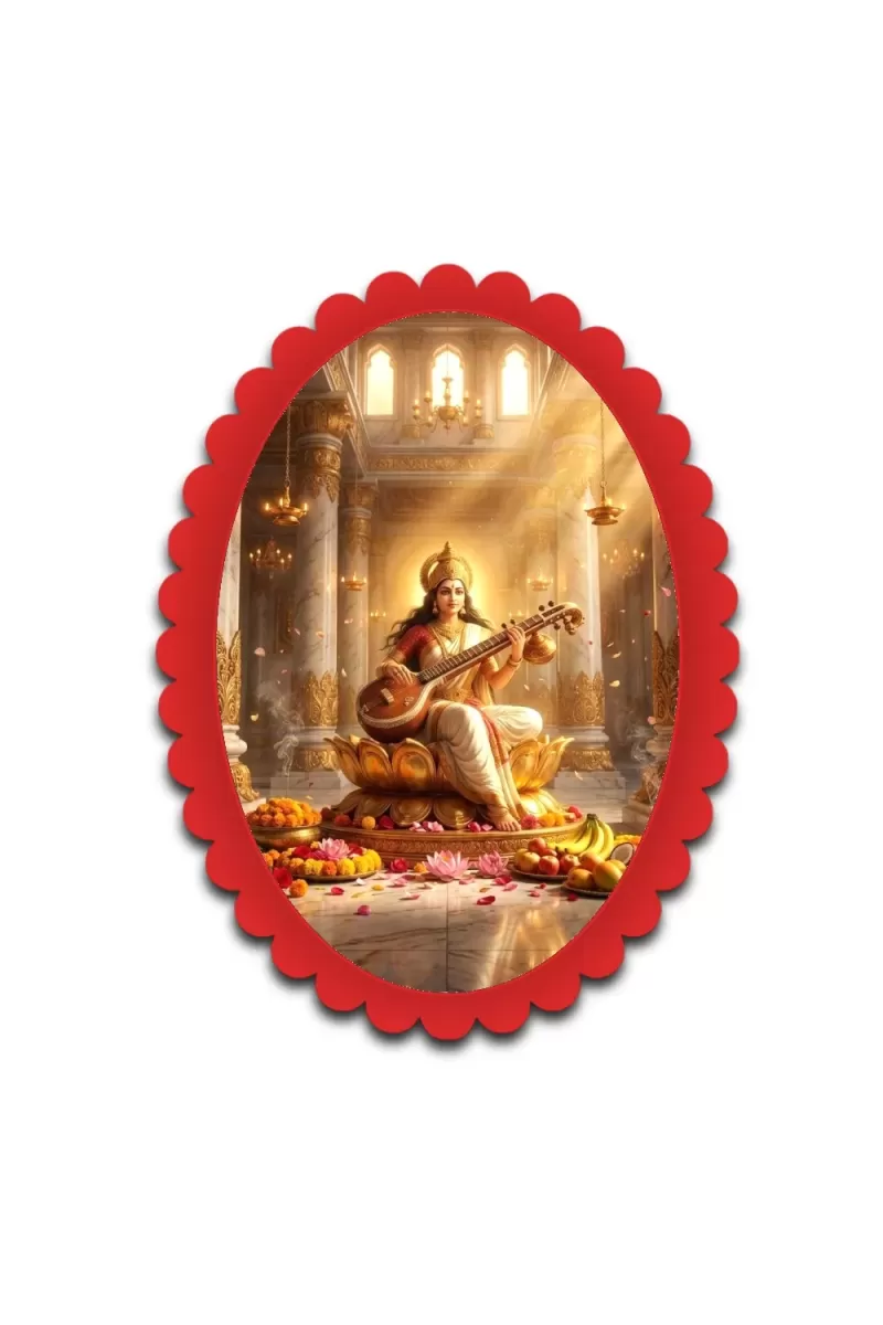 Saraswati Wall Decorative Showpiece 6 X 8 Inch | 4 MM MDF Wooden Glossy Sublimation Print | Back Hook Wall Hanging | Home Temple & Living Room Decor (F57661)