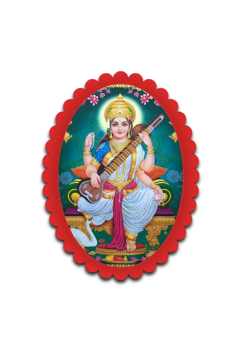 Saraswati Wall Decorative Showpiece 6 X 8 Inch | 4 MM MDF Wooden Glossy Sublimation Print | Back Hook Wall Hanging | Home Temple & Living Room Decor (F57687)