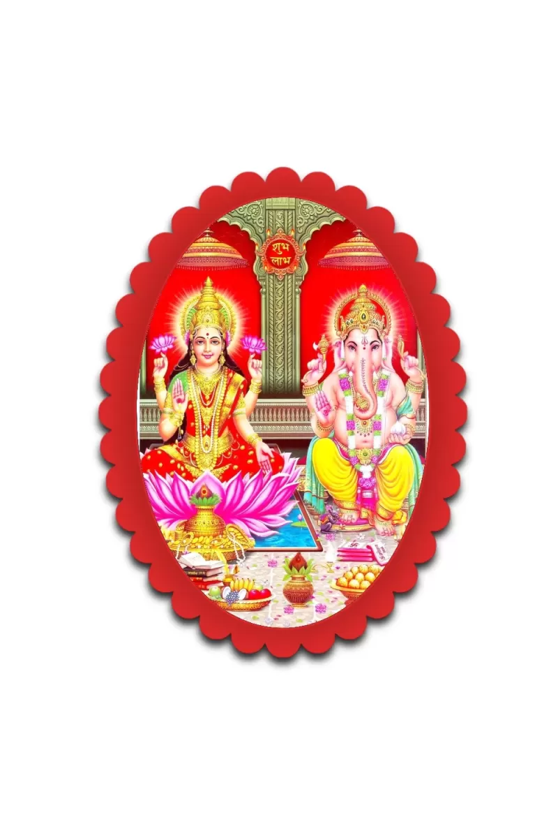 Lakshmi And Ganesha Wall Decorative Showpiece 6 X 8 Inch | 4 MM MDF Wooden Glossy Sublimation Print | Back Hook Wall Hanging | Home Temple & Living Room Decor (F57828)