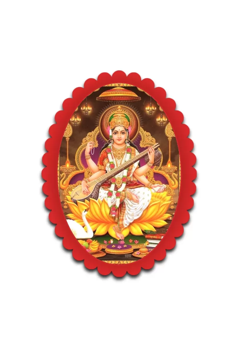 Saraswati Wall Decorative Showpiece 6 X 8 Inch | 4 MM MDF Wooden Glossy Sublimation Print | Back Hook Wall Hanging | Home Temple & Living Room Decor (F57918)
