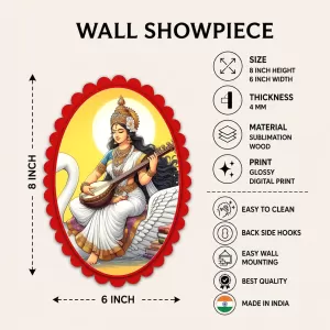 Saraswati Wall Decorative Showpiece 6 X 8 Inch | 4 MM MDF Wooden Glossy Sublimation Print | Back Hook Wall Hanging | Home Temple & Living Room Decor (F56953)