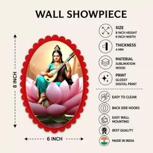 Saraswati Wall Decorative Showpiece 6 X 8 Inch | 4 MM MDF Wooden Glossy Sublimation Print | Back Hook Wall Hanging | Home Temple & Living Room Decor (F57039)
