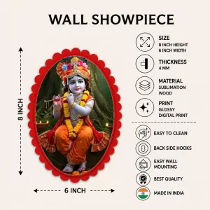 Krishna Wall Decorative Showpiece 6 X 8 Inch | 4 MM MDF Wooden Glossy Sublimation Print | Back Hook Wall Hanging | Home Temple & Living Room Decor (F57184)