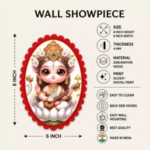 Saraswati Wall Decorative Showpiece 6 X 8 Inch | 4 MM MDF Wooden Glossy Sublimation Print | Back Hook Wall Hanging | Home Temple & Living Room Decor (F57186)