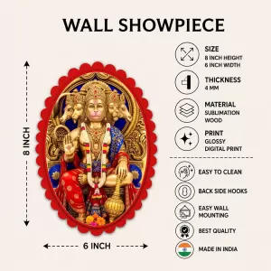 Hanuman Wall Decorative Showpiece 6 X 8 Inch | 4 MM MDF Wooden Glossy Sublimation Print | Back Hook Wall Hanging | Home Temple & Living Room Decor (F57245)