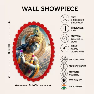 Krishna Wall Decorative Showpiece 6 X 8 Inch | 4 MM MDF Wooden Glossy Sublimation Print | Back Hook Wall Hanging | Home Temple & Living Room Decor (F57443)